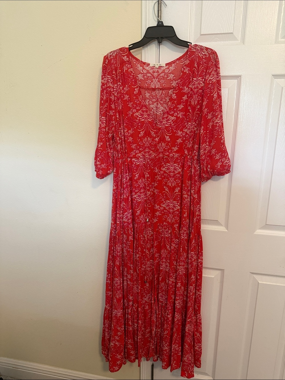 Red Floral Maxi Dress with Scoop Neckline and Three-Quarter Sleeves